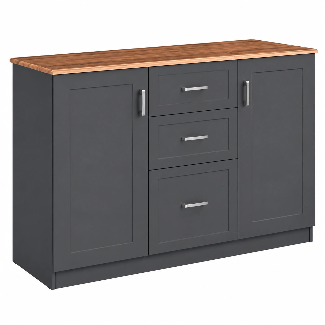 Credenza Moderna Grigia con Top Noce e Maniglie in Alluminio, 2 Ante e 3 Cassetti, 120x40x82,5 cm