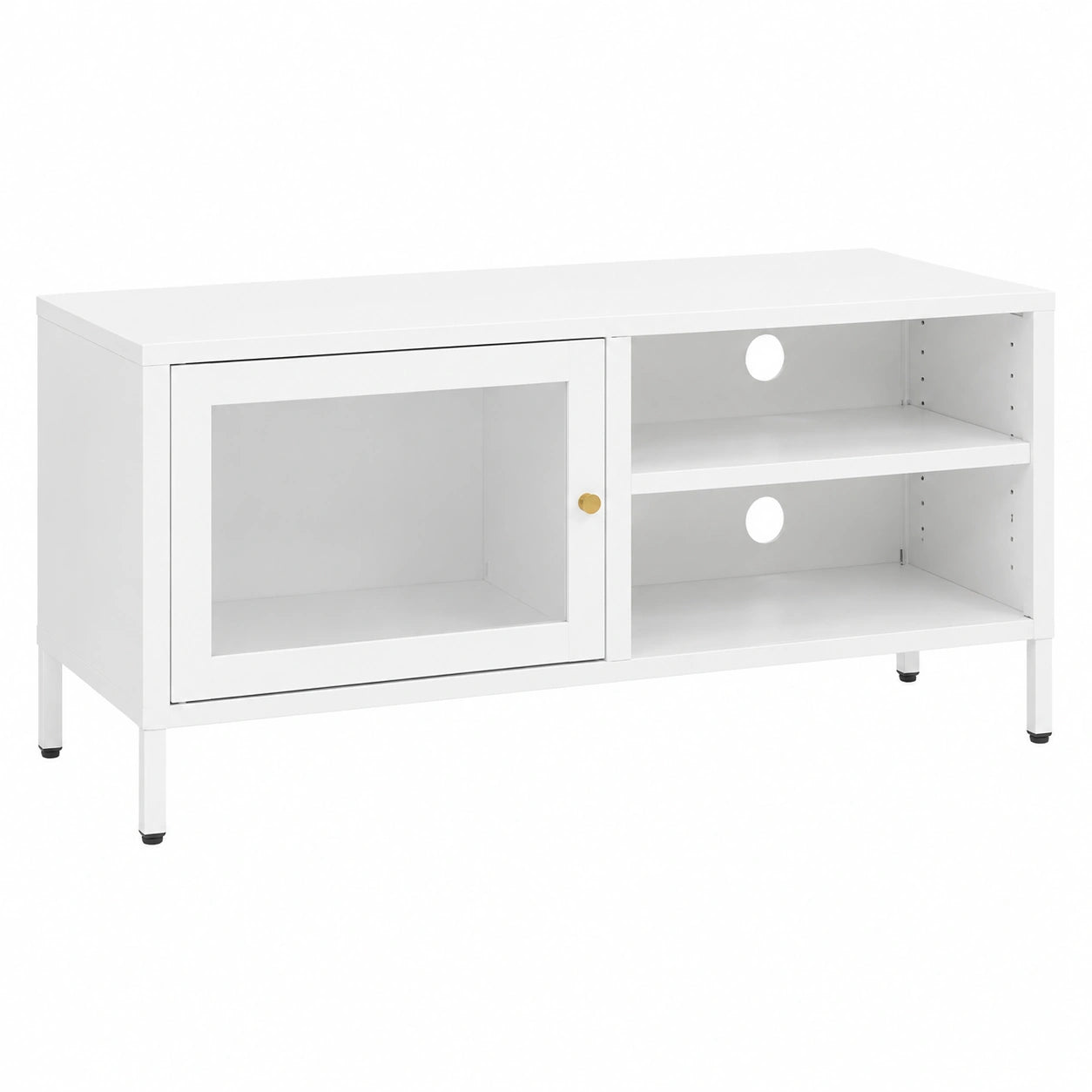 Mobile Porta TV Bianco in Acciaio e Vetro 90x30x44 cm, Design Scandinavo, per Soggiorno e Camera da Letto