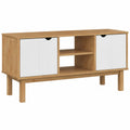 Mobile TV in legno massello di pino, 113,5x43x57 cm, design nordico, 2 ante e scomparto, marrone e bianco, perfetto per soggiorno