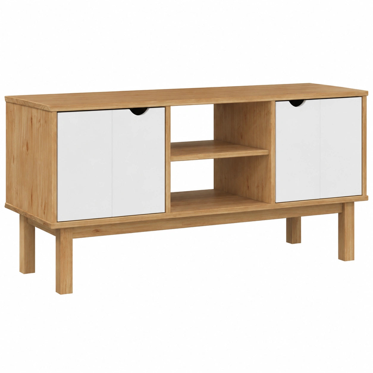 Mobile TV in legno massello di pino, 113,5x43x57 cm, design nordico, 2 ante e scomparto, marrone e bianco, perfetto per soggiorno
