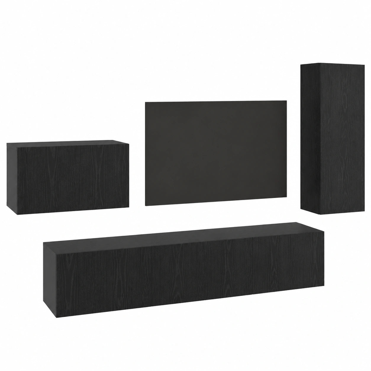 Mobile TV in legno nero con ante e mensole, design moderno per soggiorno