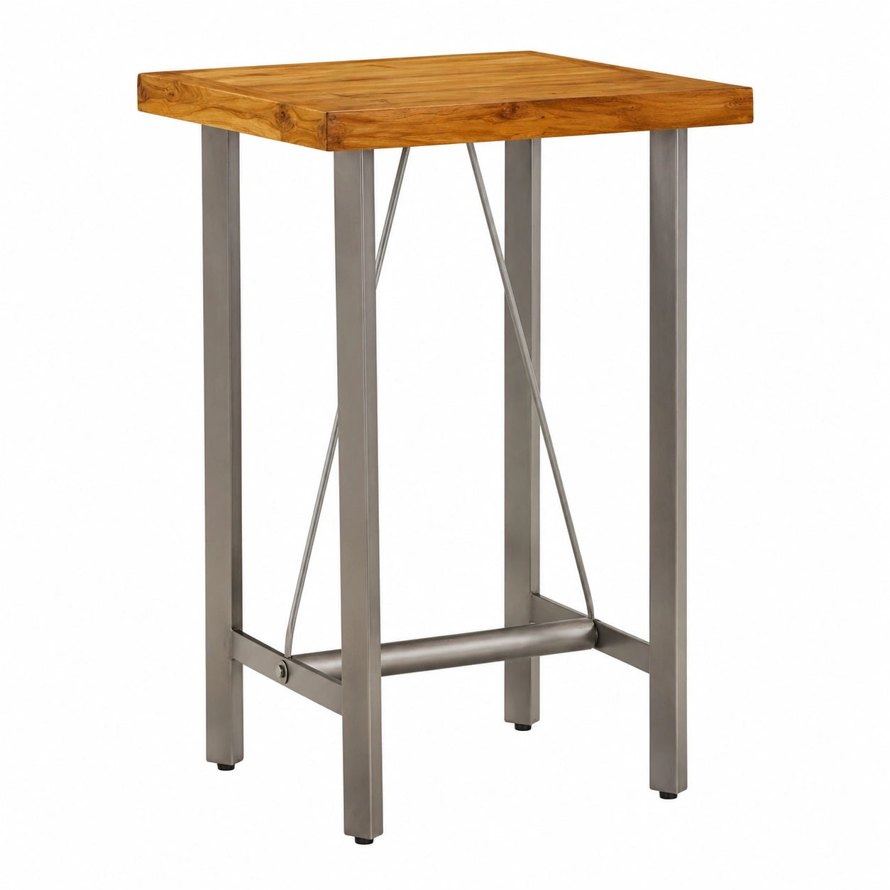 Tavolo rustico in teak riciclato e acciaio per cucina o sala da pranzo, 60x60x107 cm