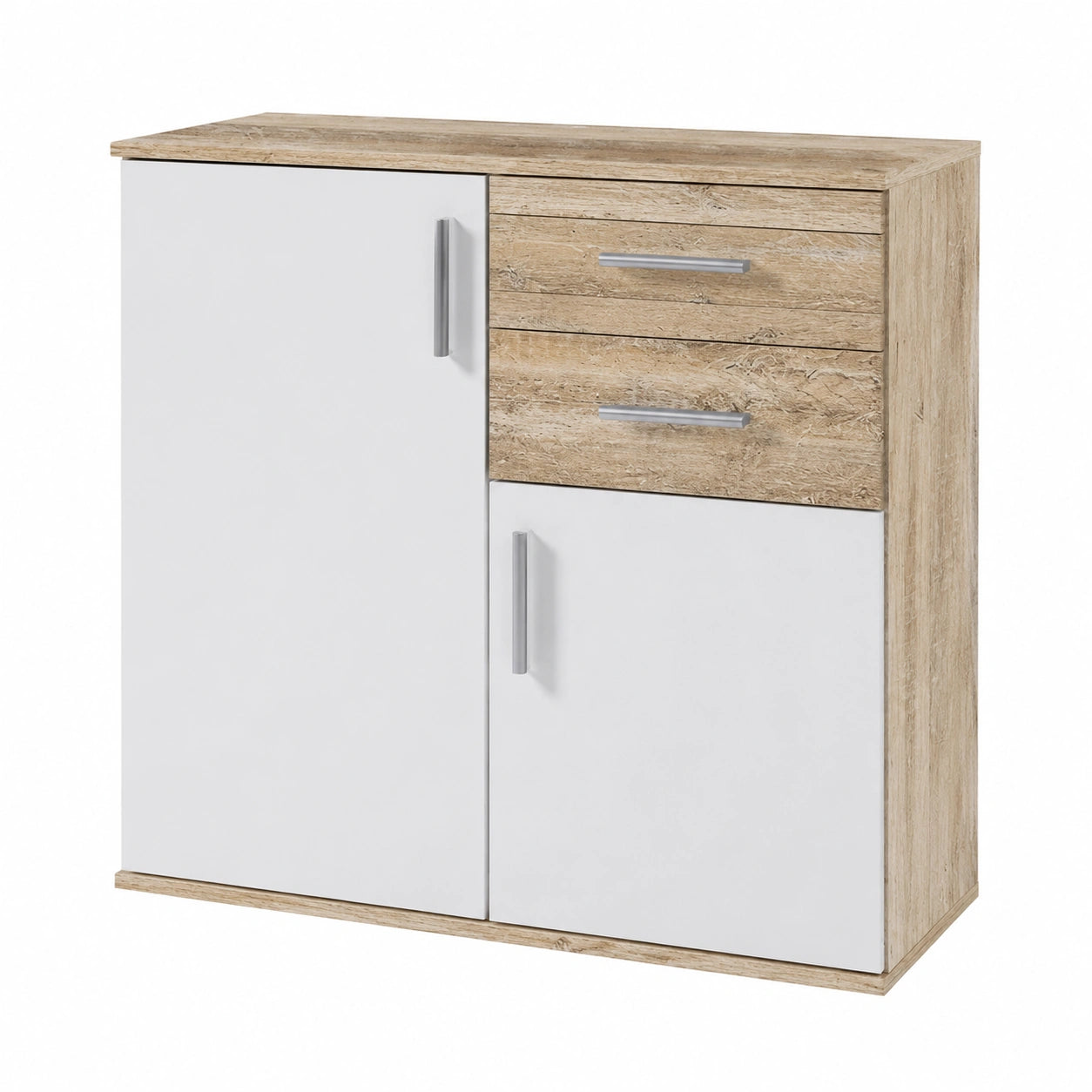 Credenza Multiuso Moderna con Doppia Anta e Ripiani, Bianco e Quercia