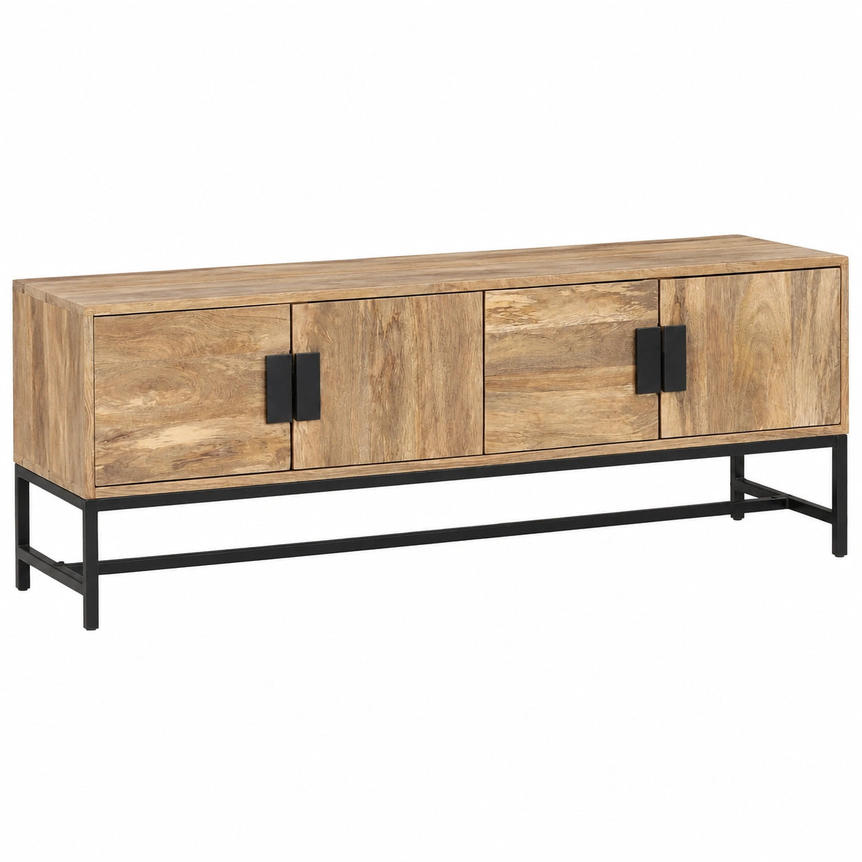 Mobile TV in mango massiccio, 140 x 30 x 50 cm con scomparti, struttura in acciaio moderno, stile scandinavo