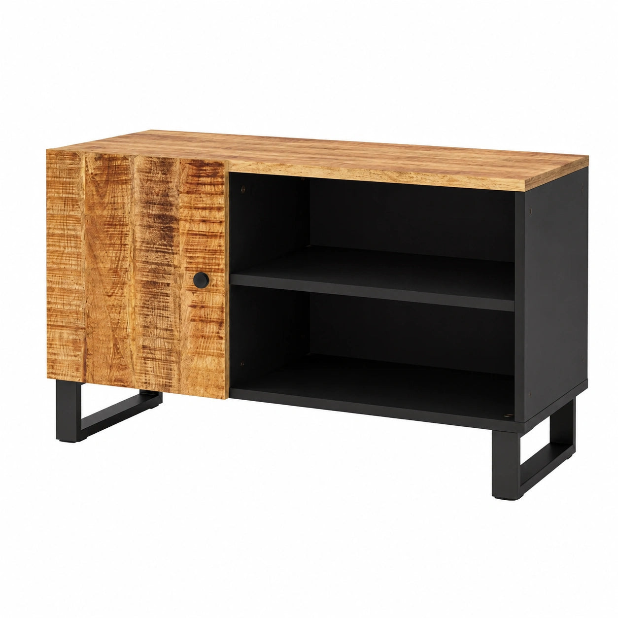 Mobile TV in legno di mango con vano portaoggetti e gambe in ferro, stile scandinavo moderno