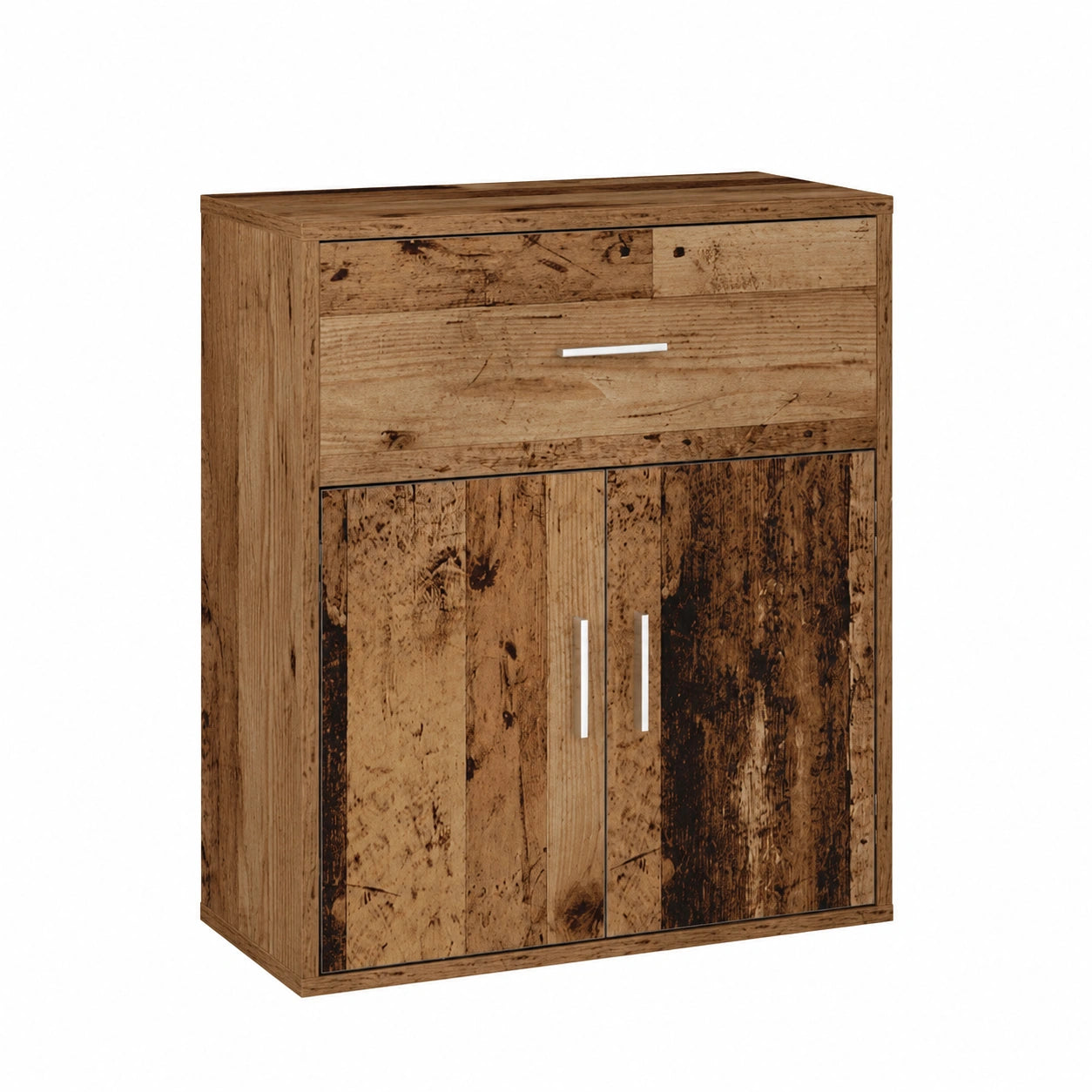 Madia moderna in legno riciclato, 60x31x70 cm con ante e cassetti, ideale per soggiorno e sala da pranzo