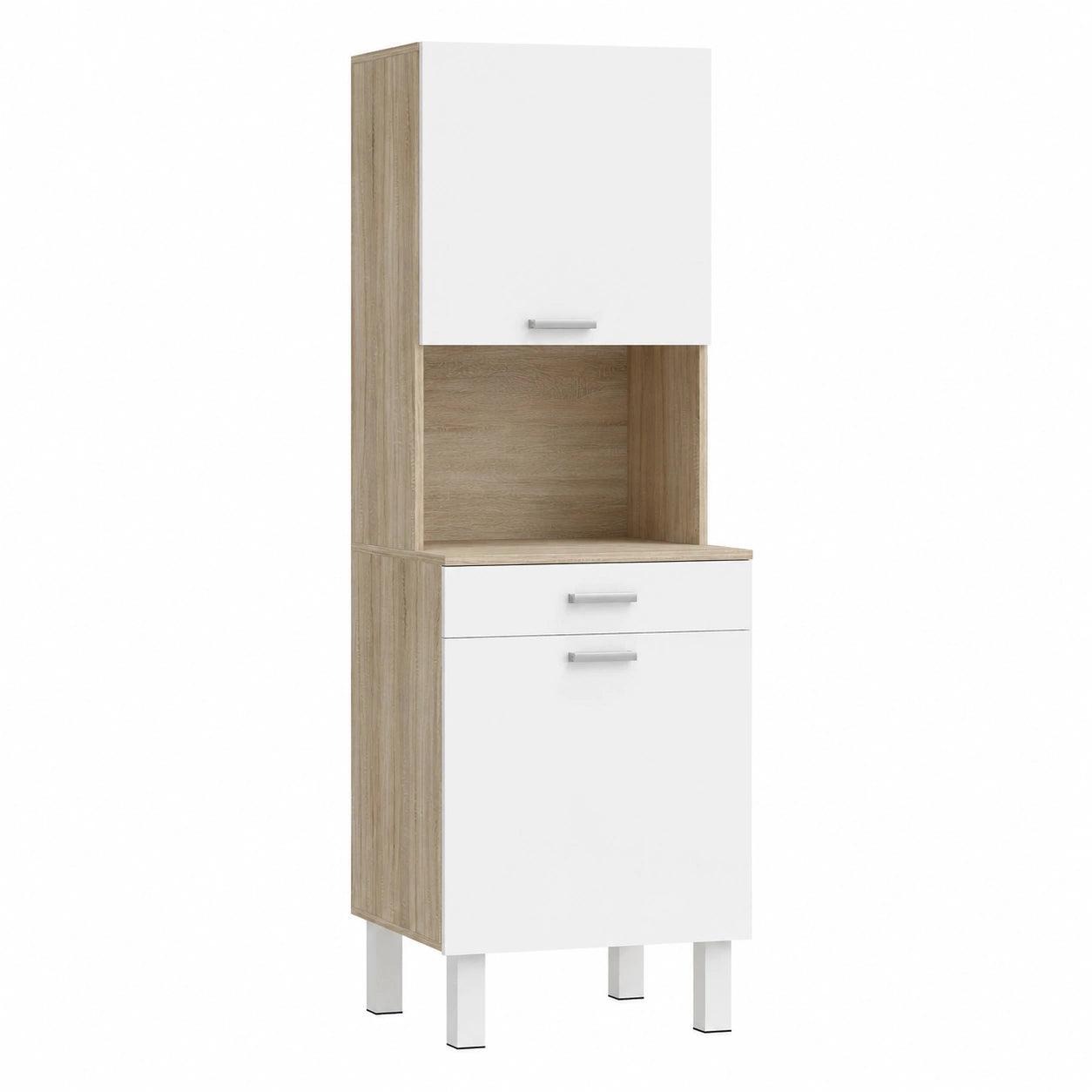 HOMCOM Mobile Dispensa Alta con 2 Ante e Cassetto Grande, Ripiani Regolabili, Bianco e Legno
