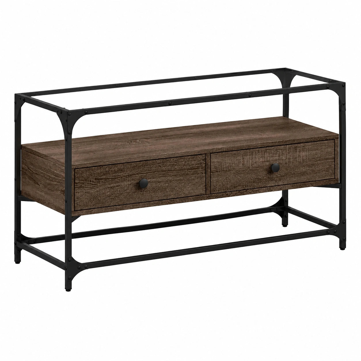 Mobile TV scandinavo in rovere marrone con vetro e spazio portaoggetti, 98x35x51cm
