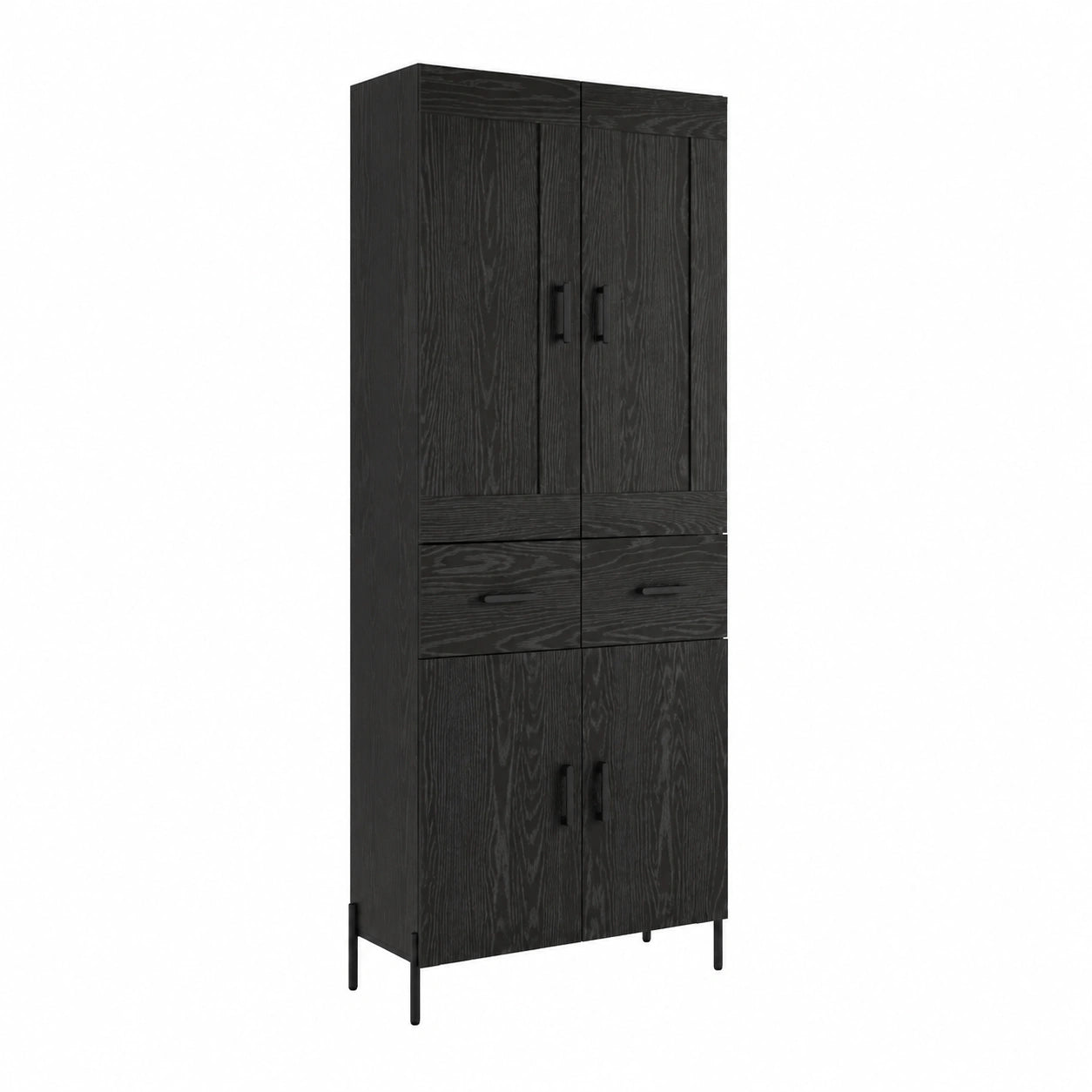 Coppia di credenze moderne in legno nero con maniglie metalliche, 69,5x34x180 cm