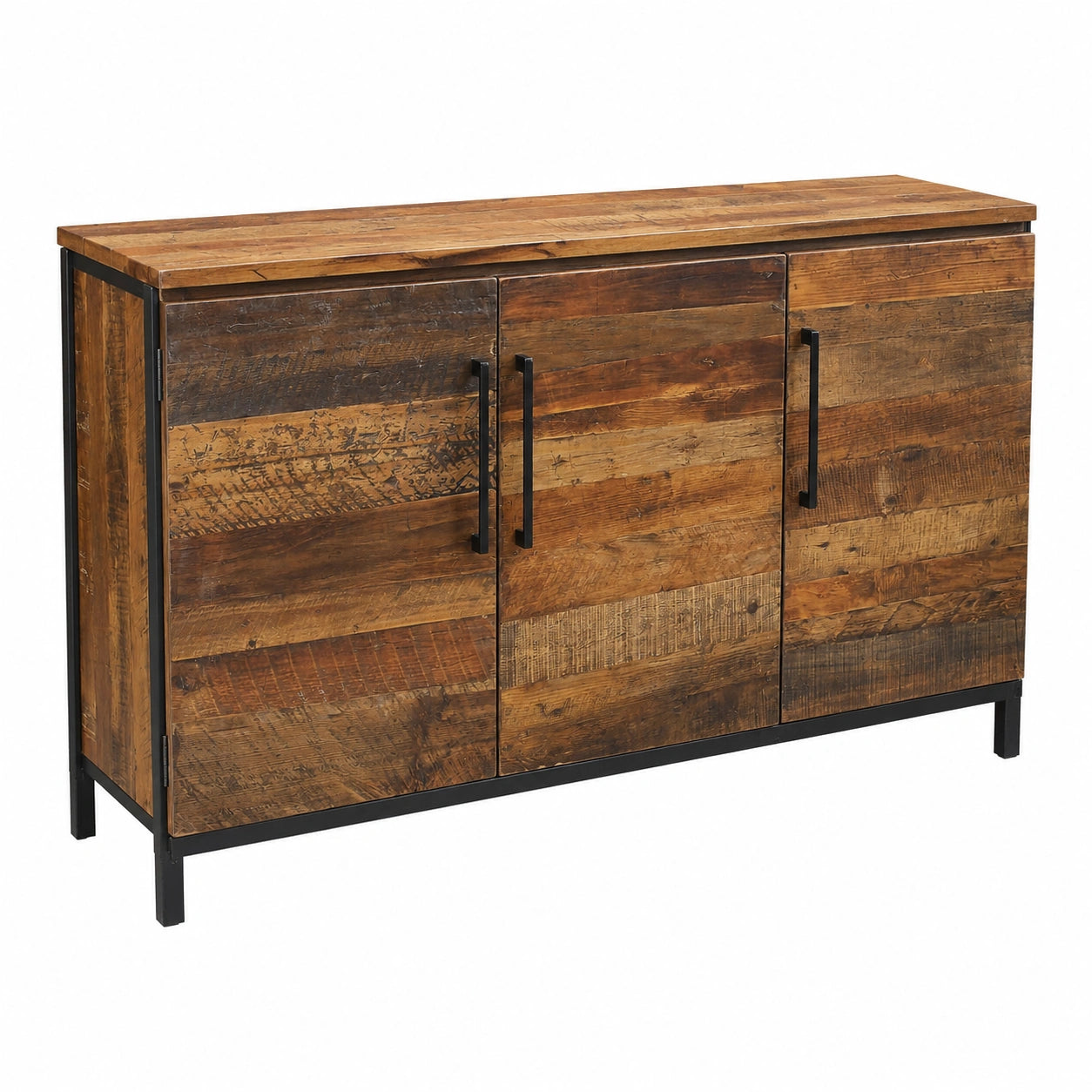 Credenza Moderna a 3 Ante, Effetto Legno Naturale e Nero, 150x40x86 cm, Struttura in Metallo