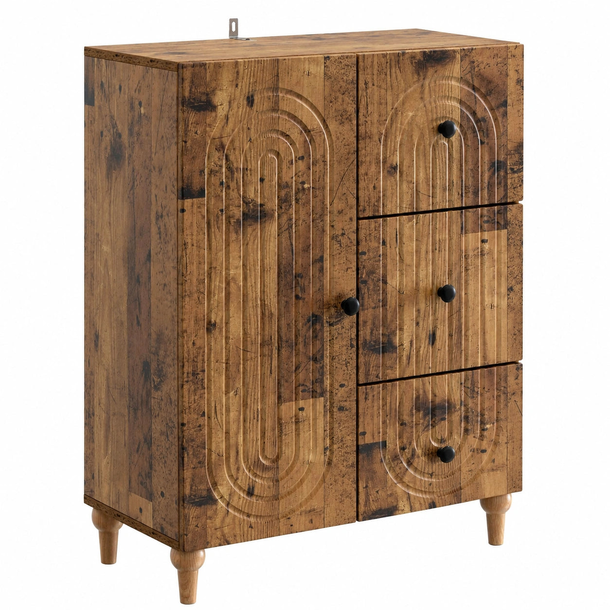 Credenza moderna in legno anticato con 3 cassetti e anta, 66x34,5x90 cm, per soggiorno e sala da pranzo